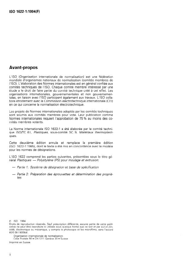 ISO 1622-1:1994 ISO 1622-1:1994 - Plastiques -- Polystyrene (PS) pour moulage et extrusion - Page 2 preview