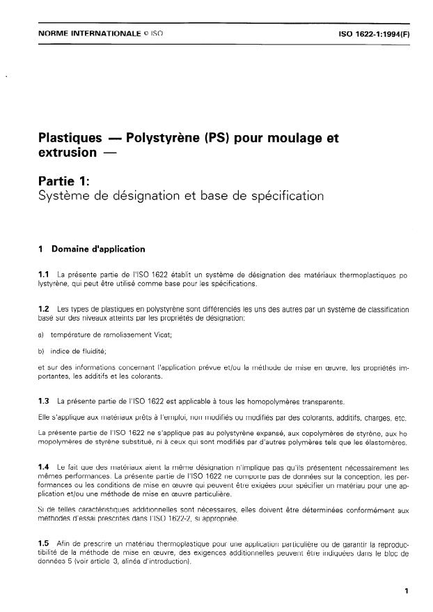 ISO 1622-1:1994 - Plastiques -- Polystyrene (PS) pour moulage et extrusion
