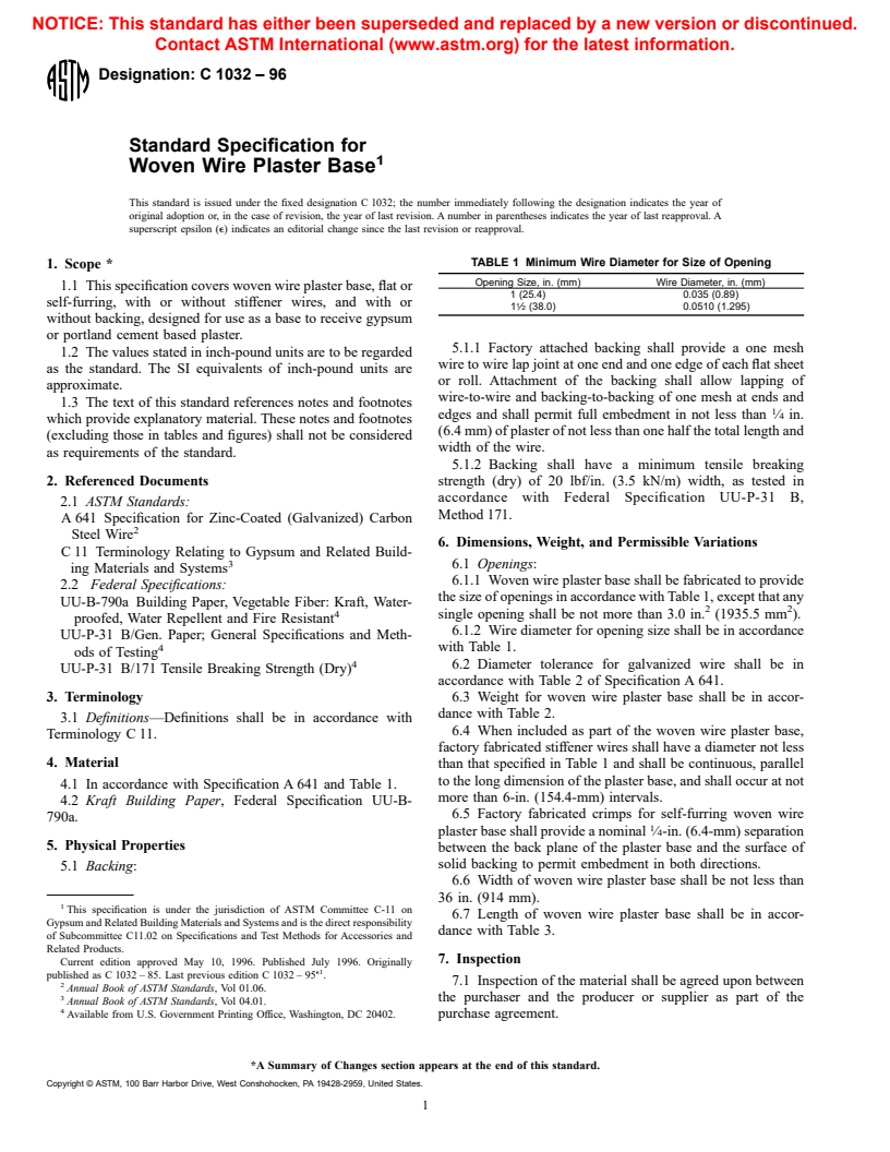 ASTM C1032-96 - Standard Specification for Woven Wire Plaster Base