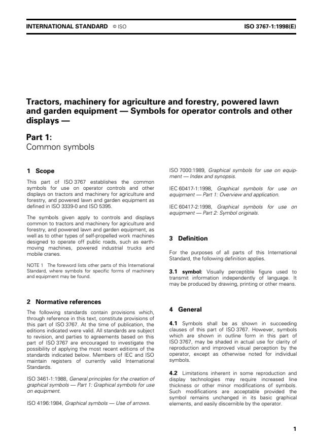ISO 3767-1:1998 - Tractors, machinery for agriculture and forestry, powered lawn and garden equipment -- Symbols for operator controls and other displays