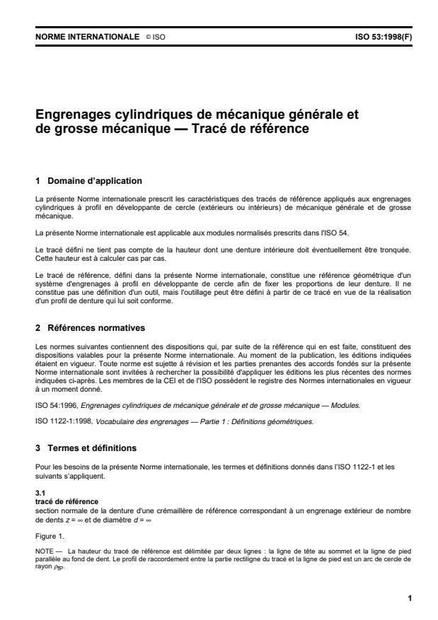 ISO 53:1998 - Engrenages cylindriques de mécanique générale et de grosse mécanique -- Tracé de référence