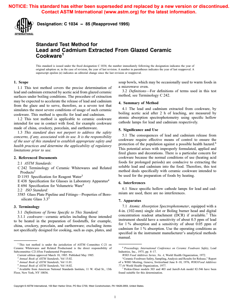 ASTM C1034-85(1995) - Standard Test Method for Lead and Cadmium Extracted From Glazed Ceramic Cookware (Withdrawn 2001)