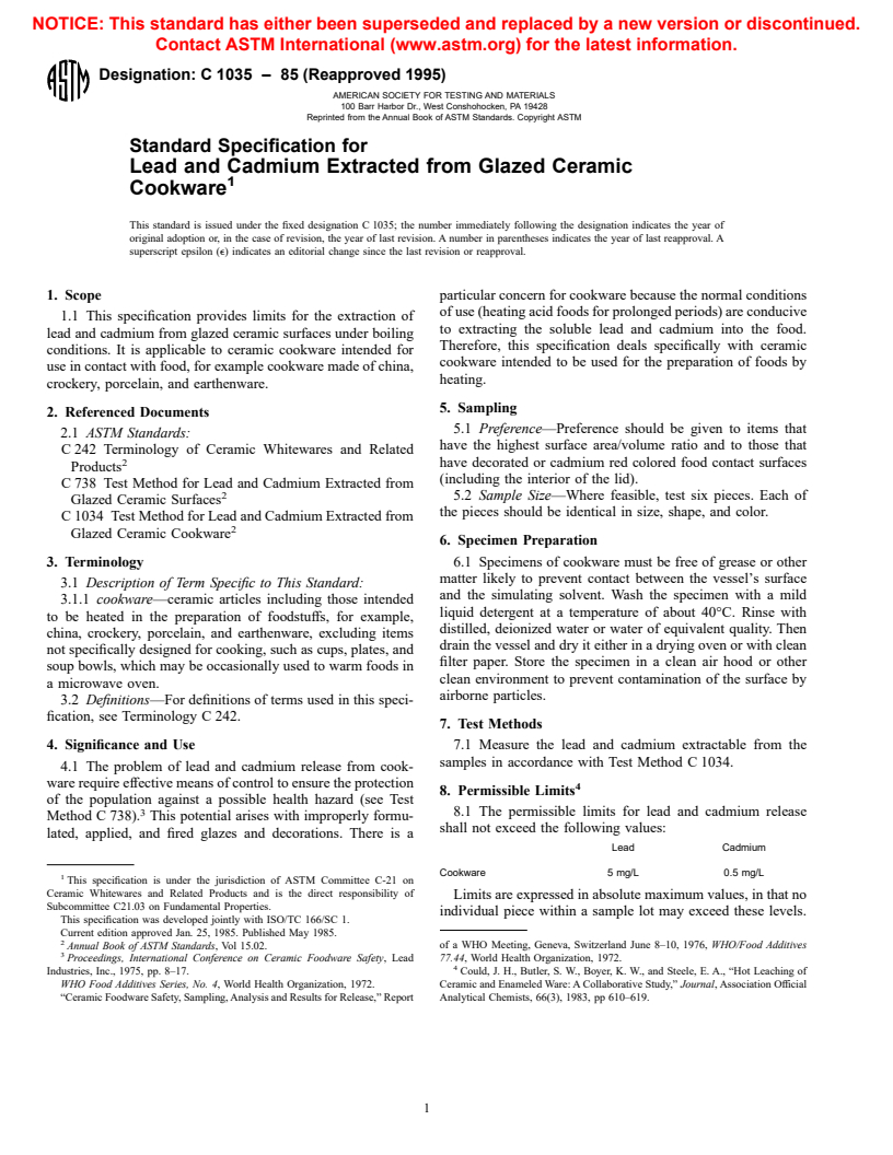 ASTM C1035-85(1995) - Standard Specification for Lead and Cadmium Extracted from Glazed Ceramic Cookware (Withdrawn 2001)