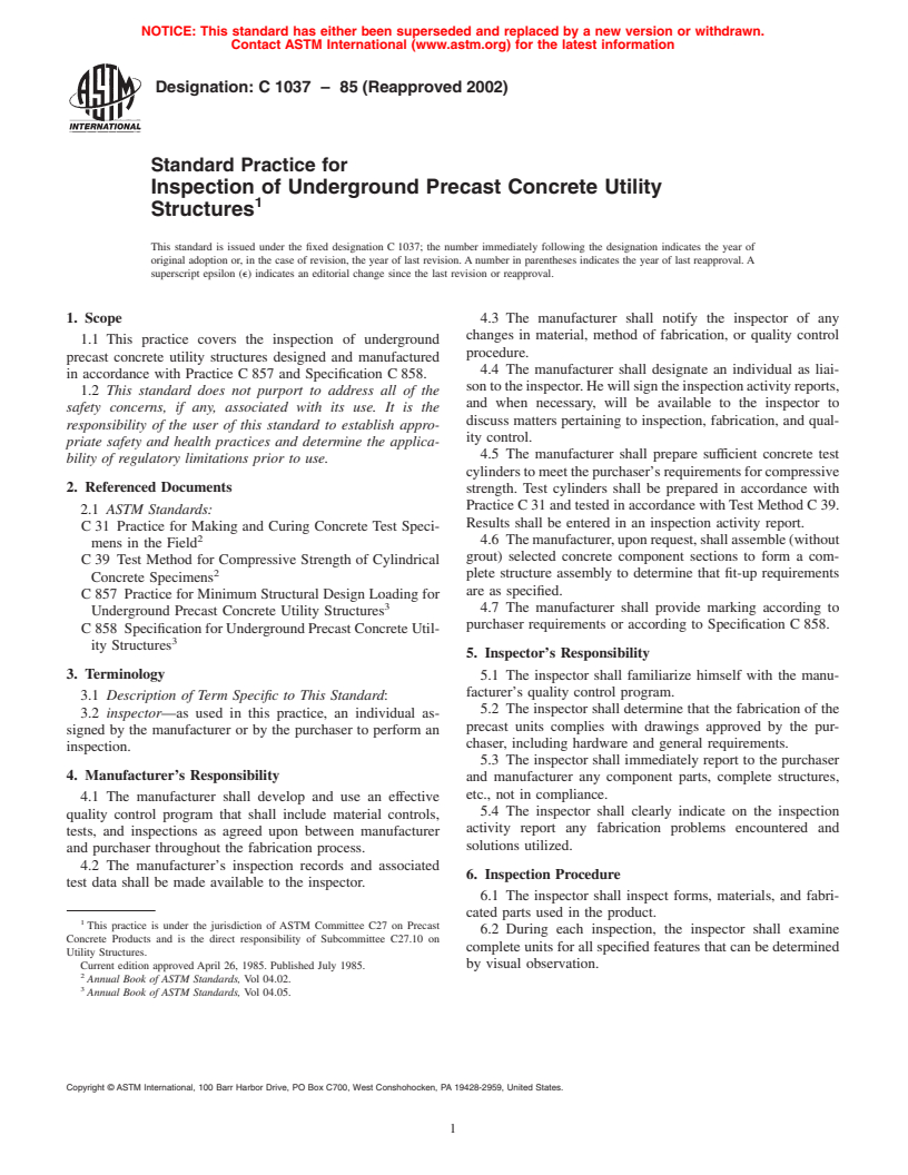 ASTM C1037-85(2002) - Standard Practice for Inspection of Underground Precast Concrete Utility Structures