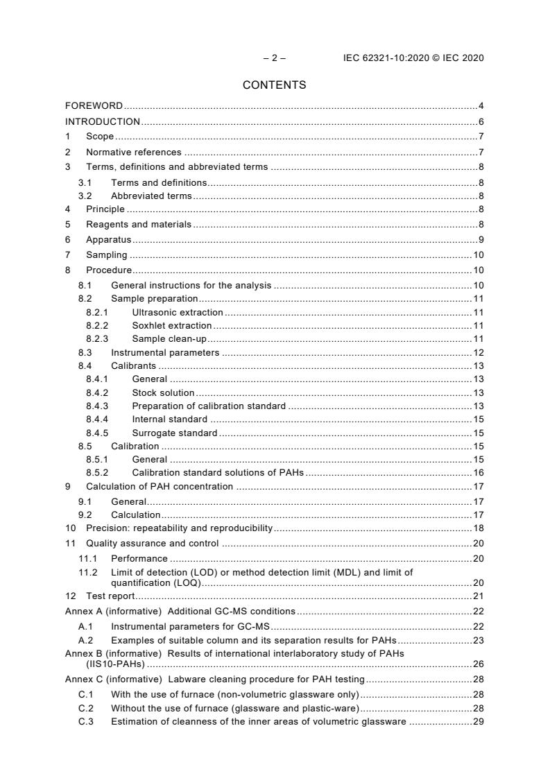 IEC 62321-10:2020 IEC 62321-10:2020 - Determination of certain substances in electrotechnical products - Part 10: Polycyclic aromatic hydrocarbons (PAHs) in polymers and electronics by gas chromatography-mass spectrometry (GC-MS) - Page 4 preview
