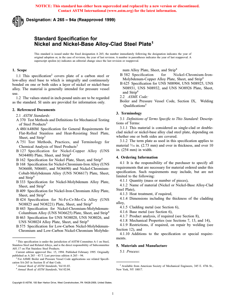 ASTM A265-94a(1999) - Standard Specification for Nickel and Nickel-Base Alloy-Clad Steel Plate