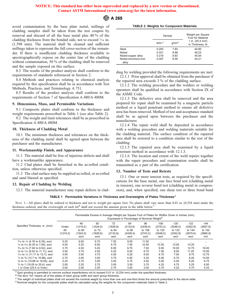 ASTM A265-94a(1999) - Standard Specification for Nickel and Nickel-Base Alloy-Clad Steel Plate