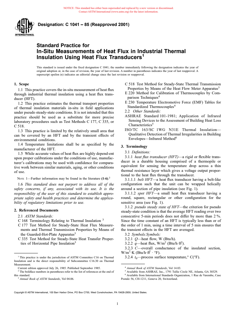 ASTM C1041-85(2001) - Standard Practice for In-Situ Measurements of Heat Flux in Industrial Thermal Insulation Using Heat Flux Transducers