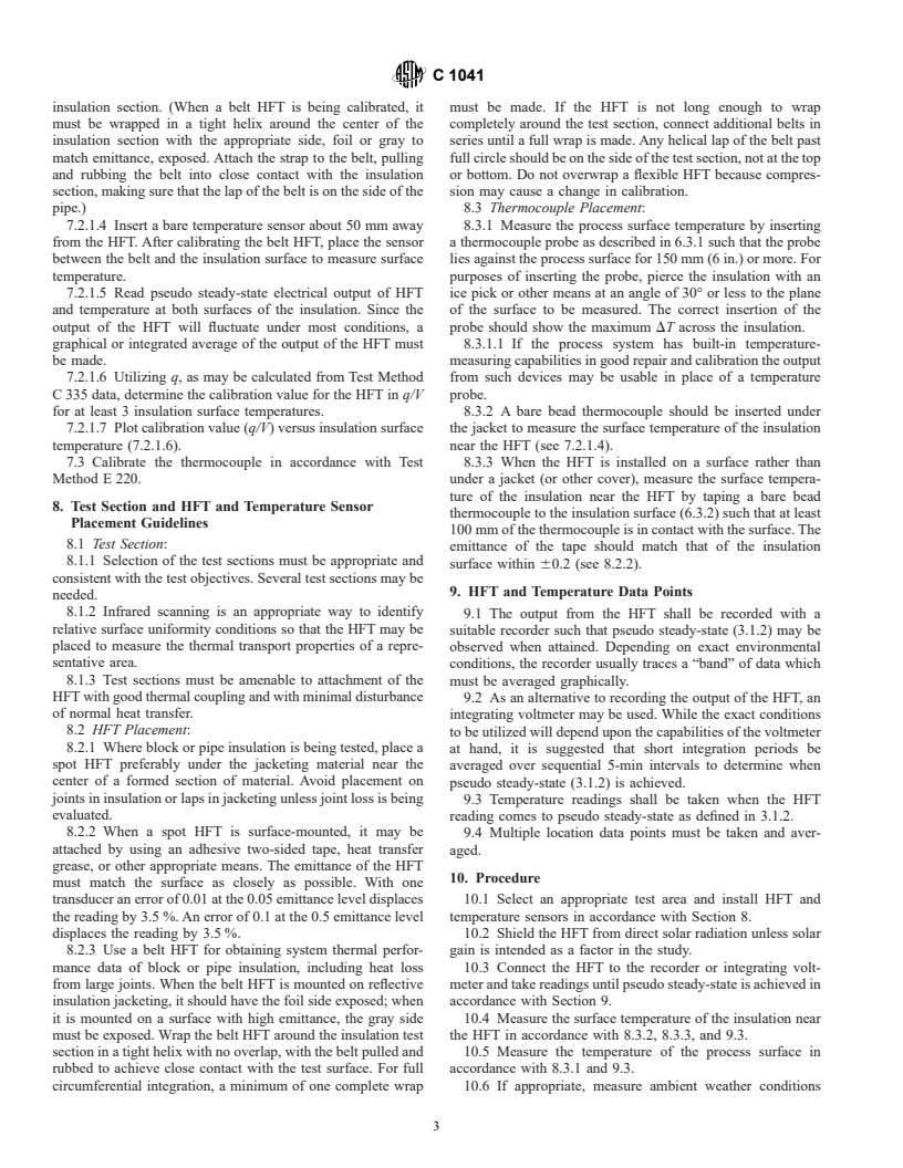 ASTM C1041-85(2001) - Standard Practice for In-Situ Measurements of Heat Flux in Industrial Thermal Insulation Using Heat Flux Transducers