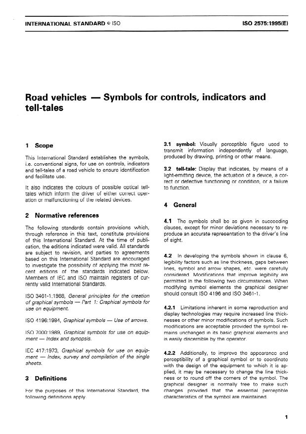 ISO 2575:1995 - Road vehicles -- Symbols for controls, indicators and tell-tales