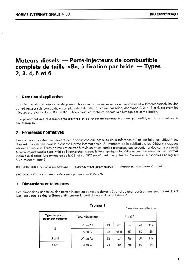 ISO 2699:1994 - Moteurs diesels -- Porte-injecteurs de combustible complets de taille "S", a fixation par bride -- Types 2, 3, 4, 5 et 6