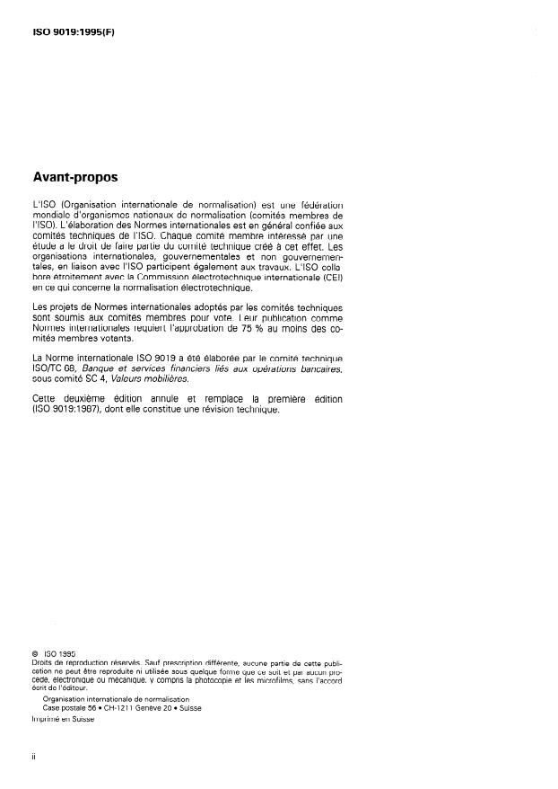 ISO 9019:1995 ISO 9019:1995 - Valeurs mobilieres -- Numérotation des titres/certificats - Page 2 preview