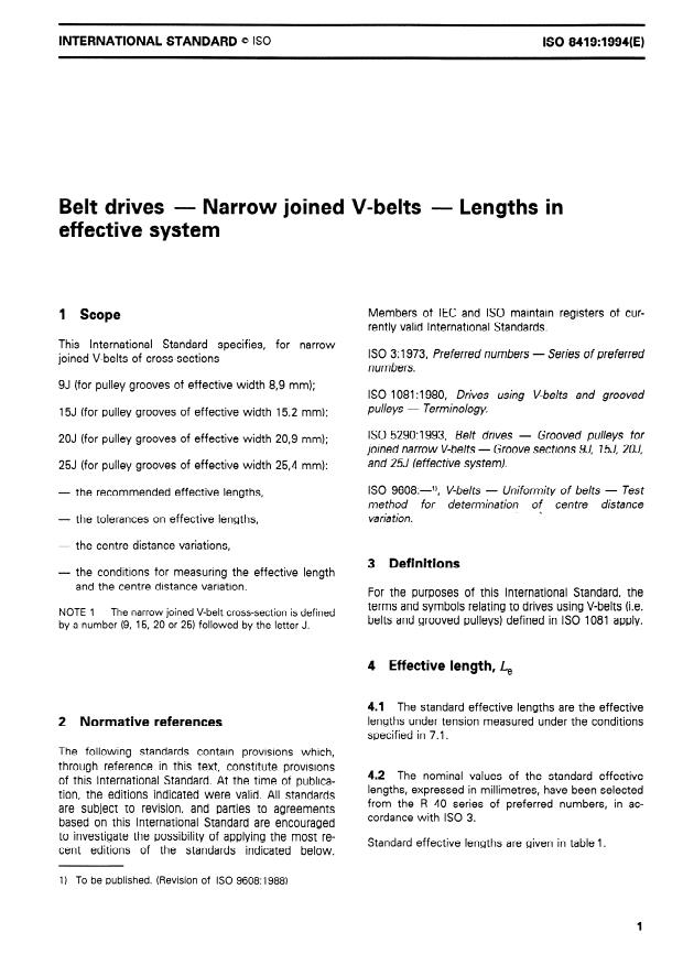 ISO 8419:1994 - Belt drives -- Narrow joined V-belts -- Lengths in effective system