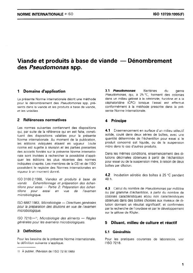 ISO 13720:1995 - Viande et produits a base de viande -- Dénombrement de Pseudomonas spp.