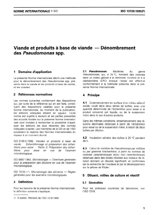 ISO 13720:1995 - Viande et produits a base de viande -- Dénombrement de Pseudomonas spp.