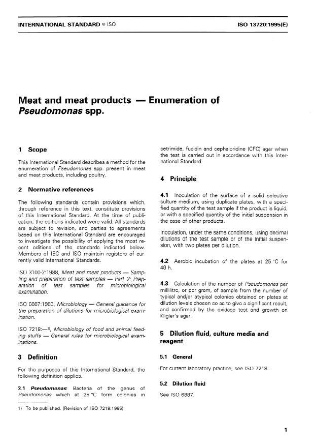 ISO 13720:1995 - Meat and meat products -- Enumeration of Pseudomonas spp.