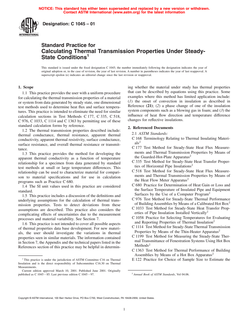 ASTM C1045-01 - Standard Practice for Calculating Thermal Transmission Properties Under Steady-State Conditions