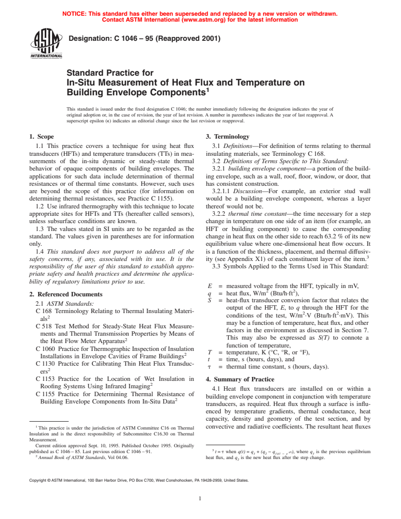 ASTM C1046-95(2001) - Standard Practice for In-Situ Measurement of Heat Flux and Temperature on Building Envelope Components