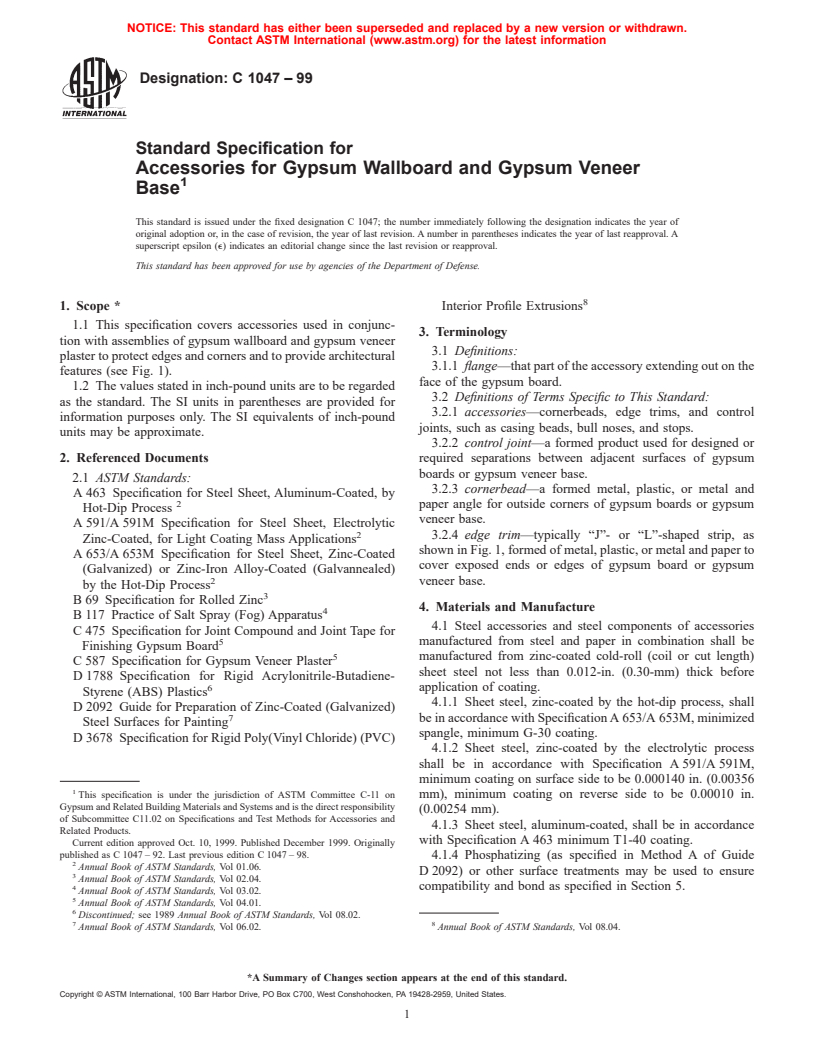 ASTM C1047-99 - Standard Specification for Accessories for Gypsum Wallboard and Gypsum Veneer Base