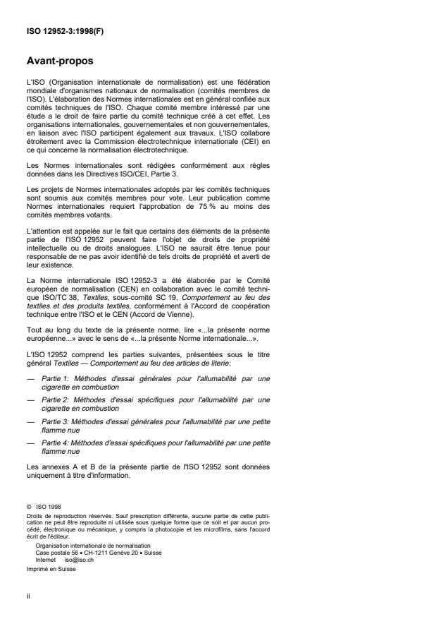 ISO 12952-3:1998 ISO 12952-3:1998 - Textiles -- Comportement au feu des articles de literie - Page 2 preview
