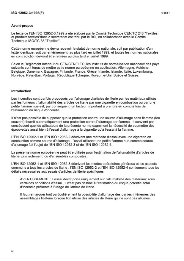 ISO 12952-3:1998 ISO 12952-3:1998 - Textiles -- Comportement au feu des articles de literie - Page 4 preview