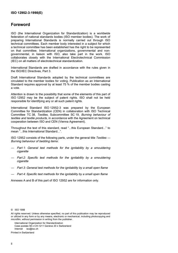 ISO 12952-3:1998 ISO 12952-3:1998 - Textiles -- Burning behaviour of bedding items - Page 2 preview