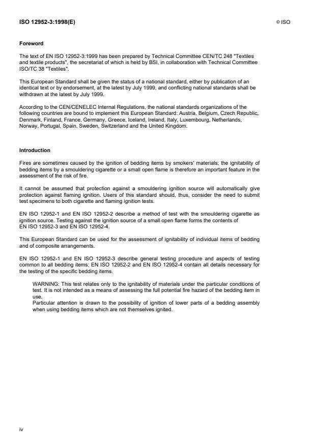 ISO 12952-3:1998 ISO 12952-3:1998 - Textiles -- Burning behaviour of bedding items - Page 4 preview