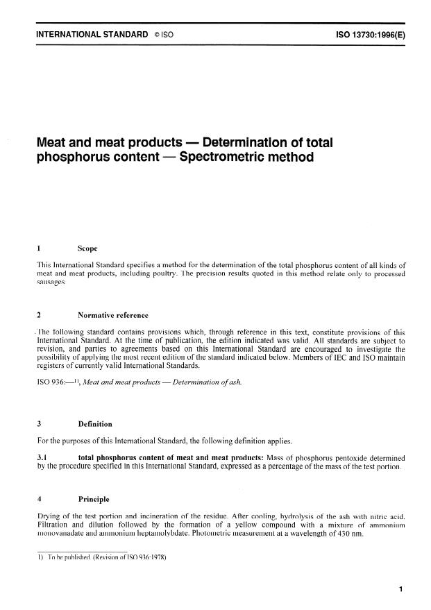 ISO 13730:1996 - Meat and meat products -- Determination of total phosphorus content -- Spectrometric method