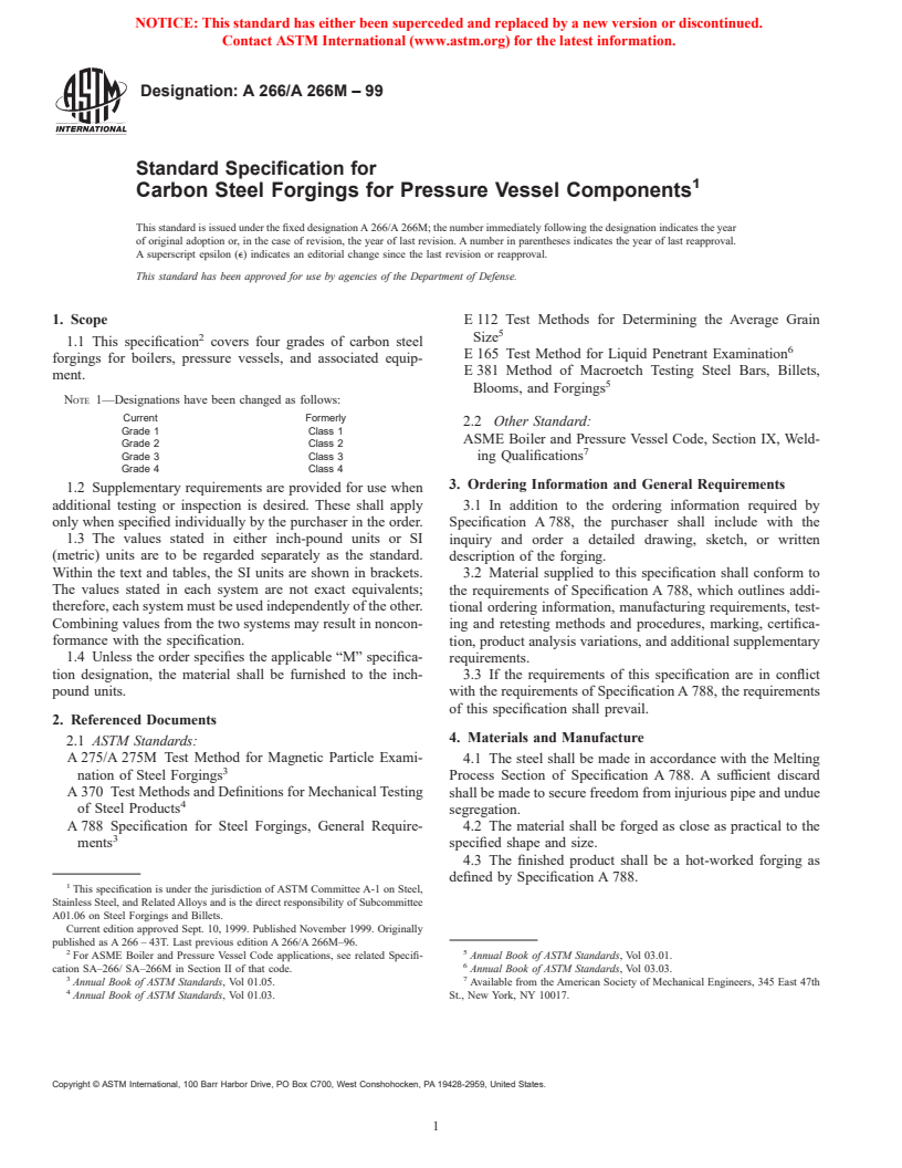 ASTM A266/A266M-99 - Standard Specification for Carbon Steel Forgings for Pressure Vessel Components