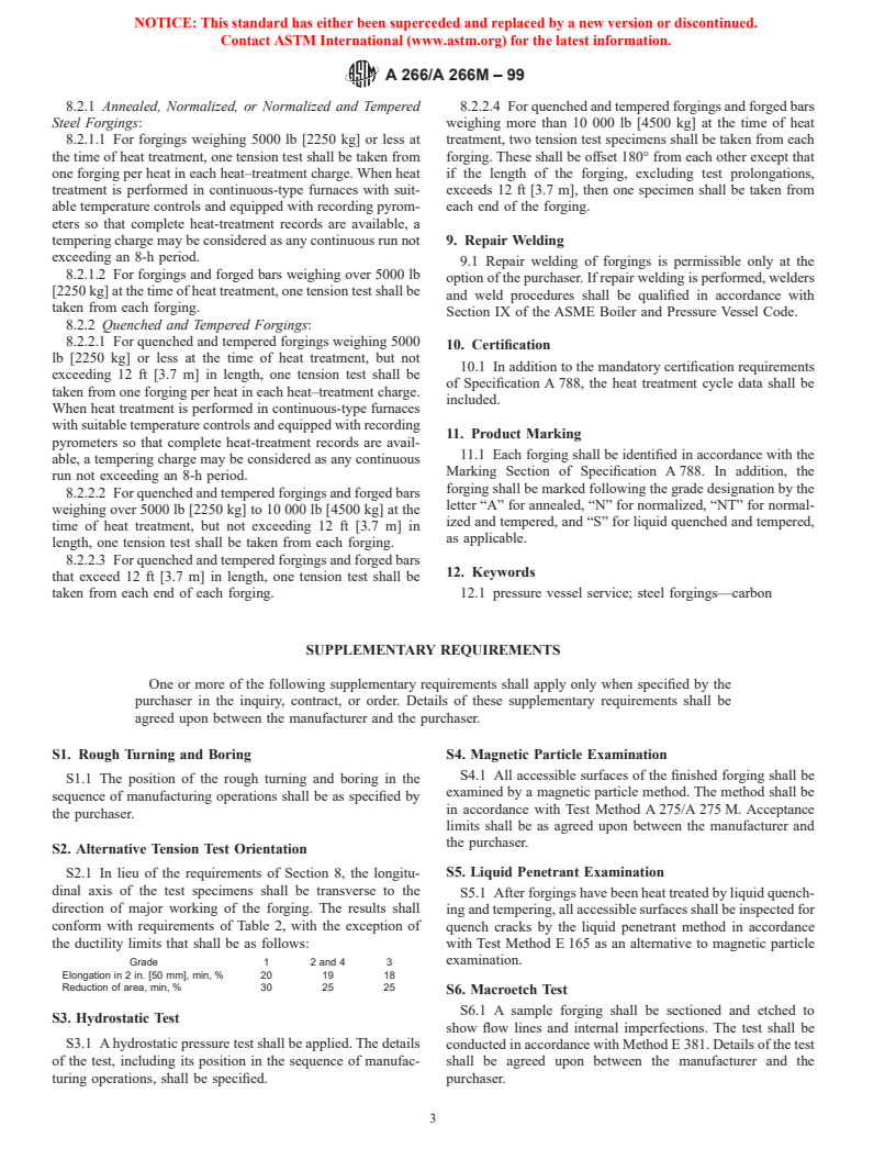 ASTM A266/A266M-99 - Standard Specification for Carbon Steel Forgings for Pressure Vessel Components