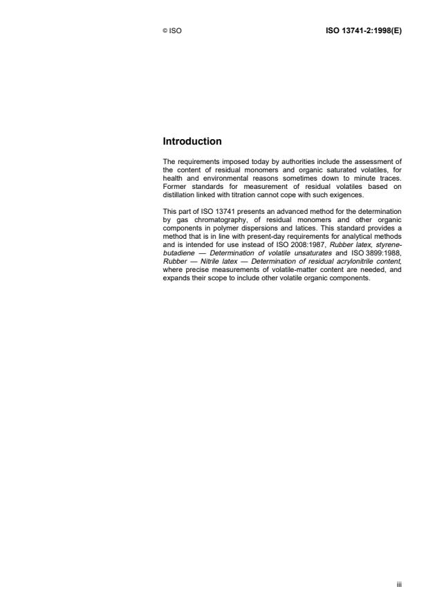ISO 13741-2:1998 - Plastics/rubber -- Polymer dispersions and rubber latices (natural and synthetic) -- Determination of residual monomers and other organic components by capillary-column gas chromatography