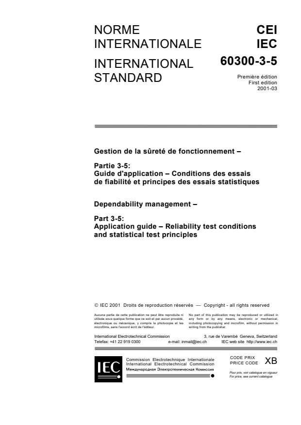 IEC 60300-3-5:2001 - Dependability management - Part 3-5: Application guide - Reliability test conditions and statistical test principles