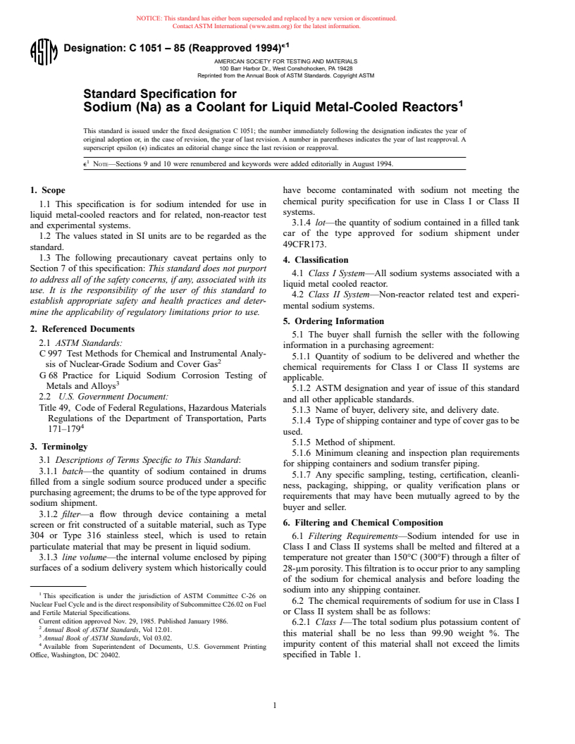 ASTM C1051-85(1994)e1 - Standard Specification for Sodium (Na) as a Coolant for Liquid Metal-Cooled Reactors (Withdrawn 2000)