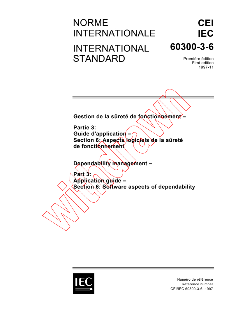 IEC 60300-3-6:1997 - Dependability management - Part 3: Application guide - Section 6: Software aspects of dependability
Released:11/13/1997
Isbn:2831840953