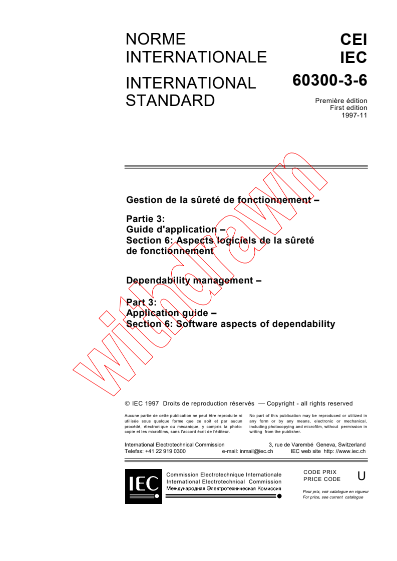 IEC 60300-3-6:1997 - Dependability management - Part 3: Application guide - Section 6: Software aspects of dependability
Released:11/13/1997
Isbn:2831840953