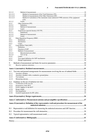 SIST EN 302 435-1 V1.2.1:2008 ETSI EN 302 435-1 V1.2.1 (2008-02) - Electromagnetic compatibility and Radio spectrum Matters (ERM); Short Range Devices (SRD); Technical characteristics for SRD equipment using Ultra WideBand technology (UWB); Building Material Analysis and Classification equipment applications operating in the frequency band from 2,2 GHz to 8 GHz; Part 1: Technical characteristics and test methods - Page 4 preview