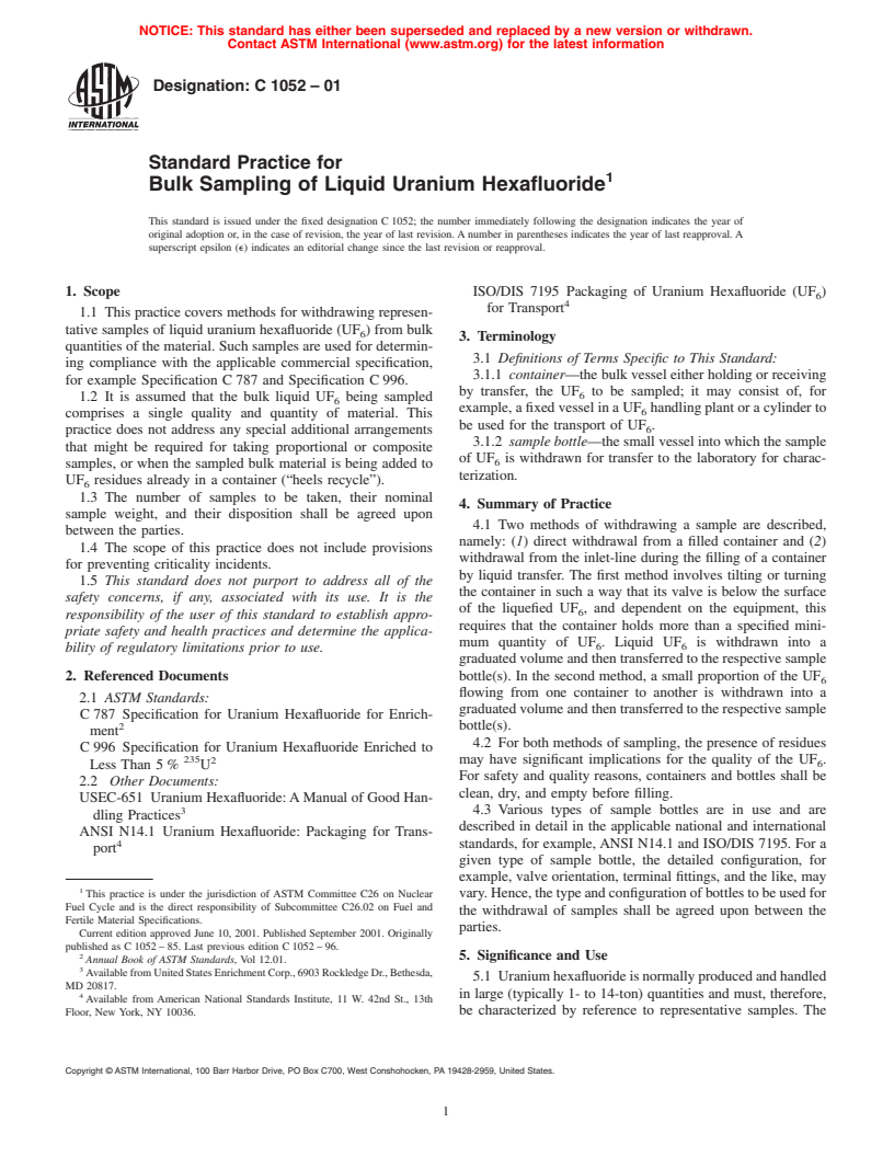 ASTM C1052-01 - Standard Practice for Bulk Sampling of Liquid Uranium Hexafluoride