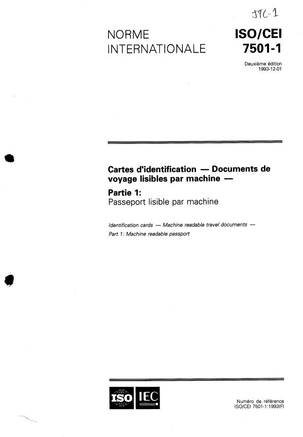 ISO/IEC 7501-1:1993 - Cartes d'identification -- Documents de voyage lisibles par machine