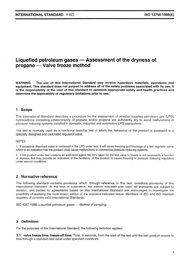 ISO 13758:1996 - Liquefied petroleum gases -- Assessment of the dryness of propane -- Valve freeze method