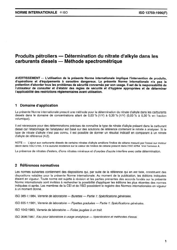 ISO 13759:1996 - Produits pétroliers -- Détermination du nitrate d'alkyle dans les carburants diesels -- Méthode spectrométrique