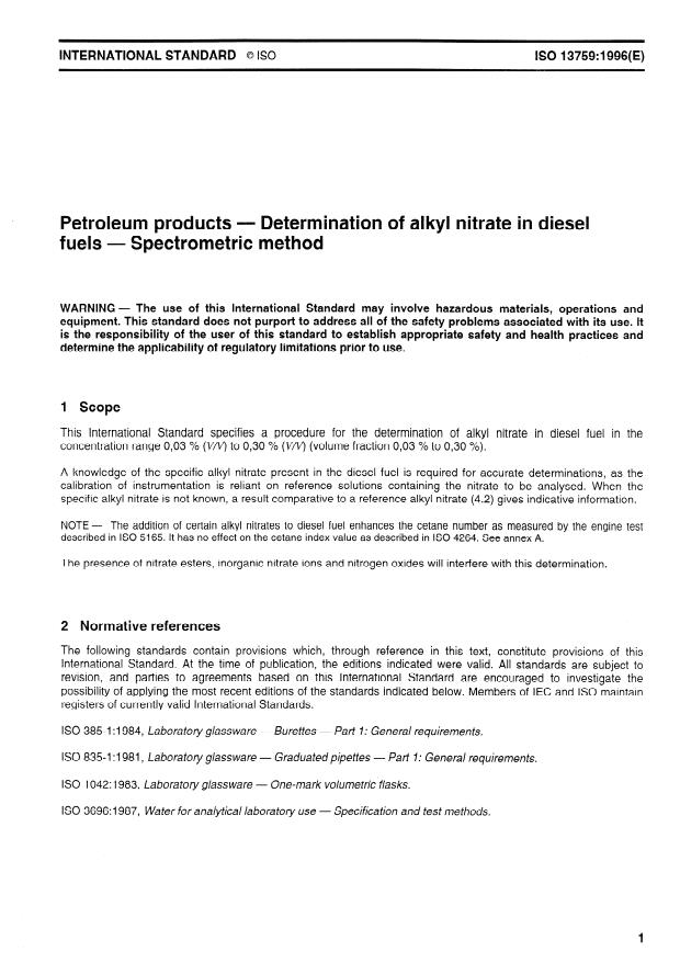 ISO 13759:1996 - Petroleum  products -- Determination of alkyl nitrate in diesel fuels -- Spectrometric method
