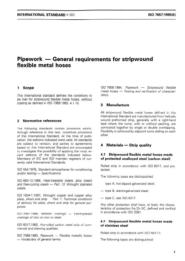 ISO 7657:1995 - Pipework -- General requirements for stripwound flexible metal hoses