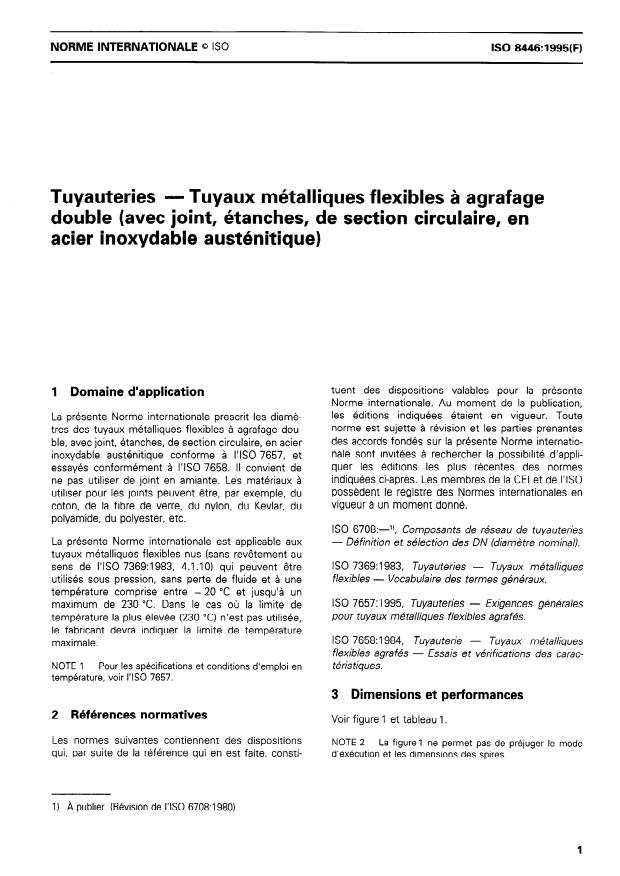 ISO 8446:1995 - Tuyauteries -- Tuyaux métalliques flexibles a agrafage double (avec joint, étanches, de section circulaire, en acier inoxydable austénitique)