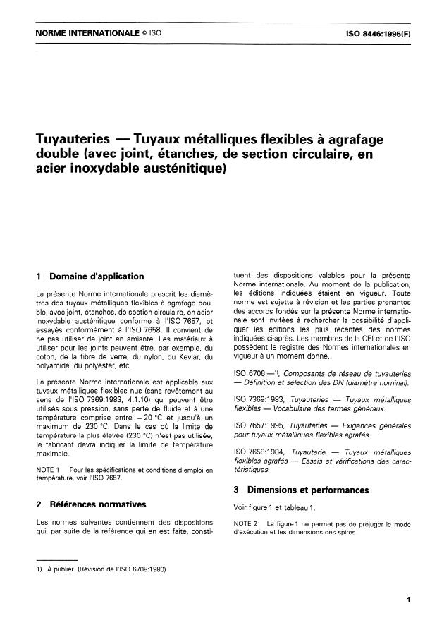 ISO 8446:1995 - Tuyauteries -- Tuyaux métalliques flexibles a agrafage double (avec joint, étanches, de section circulaire, en acier inoxydable austénitique)