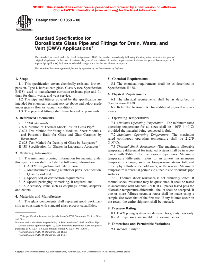 ASTM C1053-00 - Standard Specification for Borosilicate Glass Pipe and Fittings for Drain, Waste, and Vent (DWV) Applications