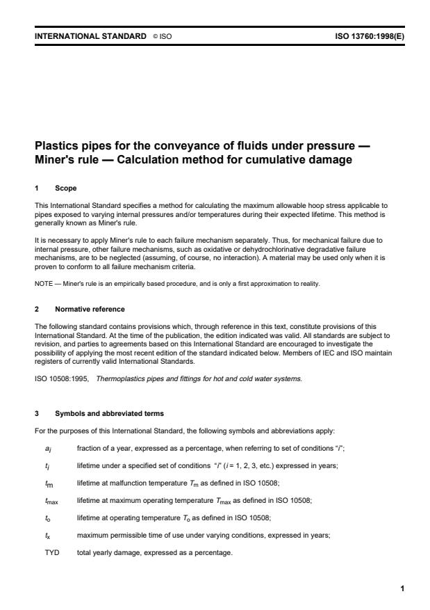 ISO 13760:1998 - Plastics pipes for the conveyance of fluids under pressure -- Miner's rule -- Calculation method for cumulative damage