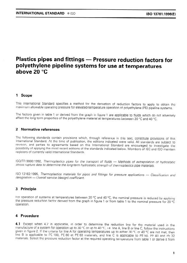 ISO 13761:1996 - Plastics pipes and fittings -- Pressure reduction factors for polyethylene pipeline systems for use at temperatures above 20 degrees C