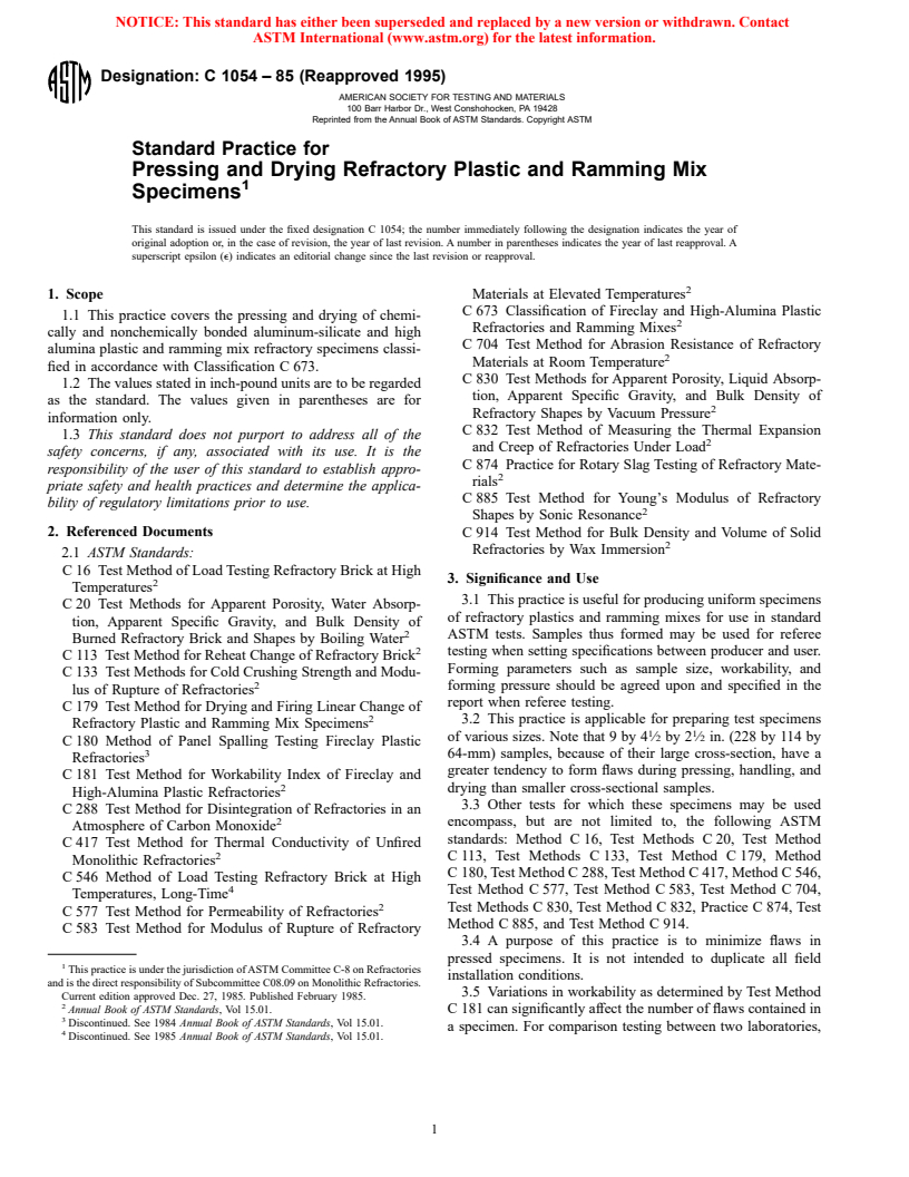 ASTM C1054-85(1995) - Standard Practice for Pressing and Drying Refractory Plastic and Ramming Mix Specimens