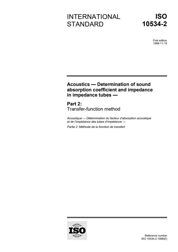 ISO 10534-2:1998 - Acoustics -- Determination of sound absorption coefficient and impedance in impedance tubes