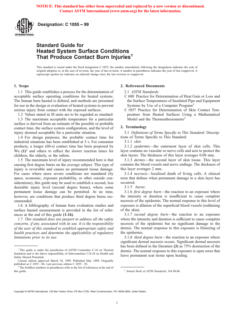 ASTM C1055-99 - Standard Guide for Heated System Surface Conditions That Produce Contact Burn Injuries